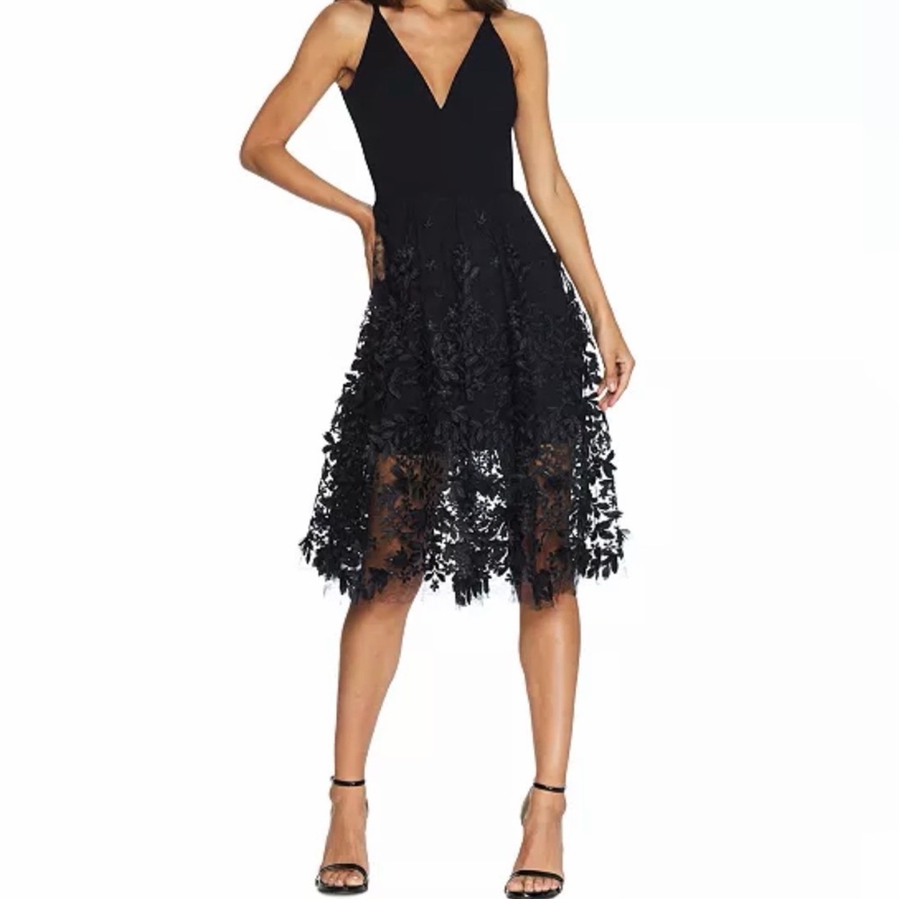 Dress the Population Black V-Neck Floral Appliqué Midi Dress